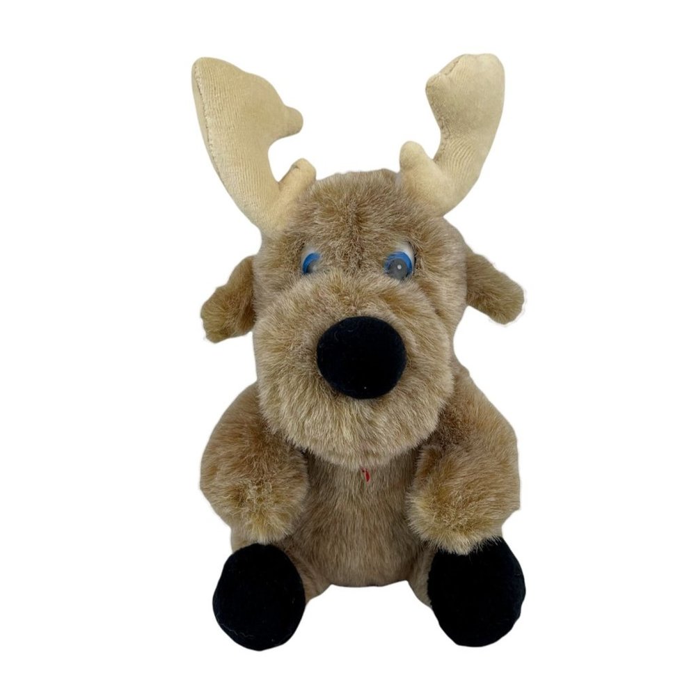Vintage Brown 12" Moose Reindeer Plush Stuffed Animal Blue Eyes Sitting